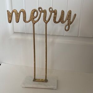Merry Christmas Decor Metal With Marble Base Gold White 16 1/2”